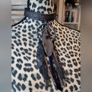 Bohemian Hippie Tooled Leather Choker Necklace With Suede Feather & Amethyst
